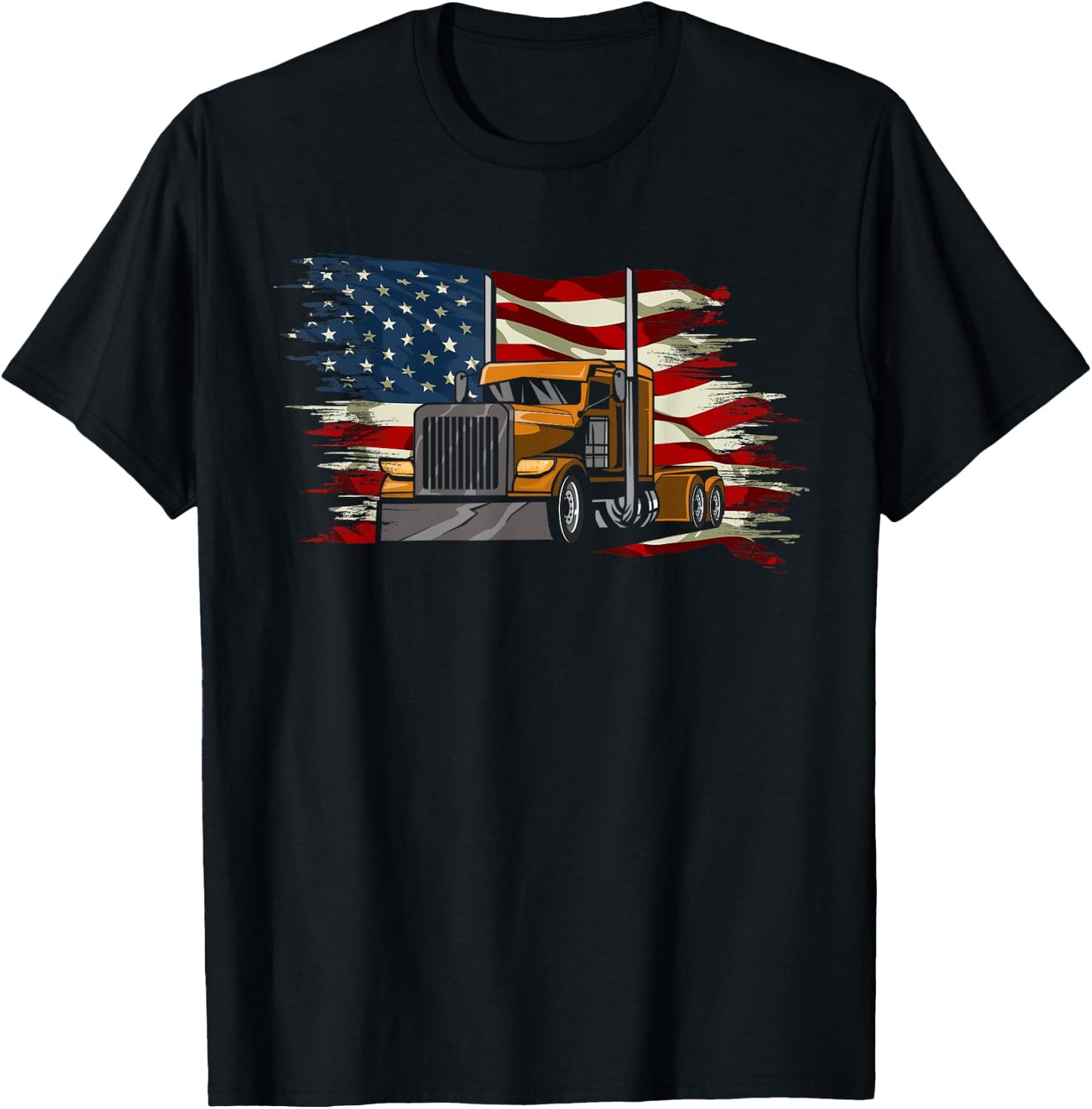 Semi-Trailer Truck Driver Big Rig Trucker American Flag T-Shirt - T-Shirt | Black