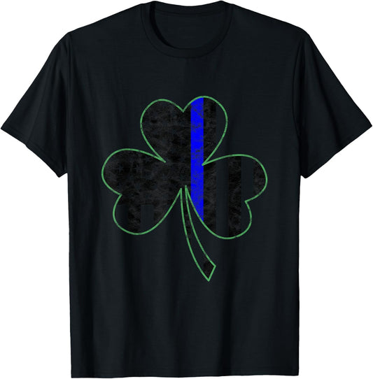 Thin Blue Line St Patricks Day Shamrock Police Gift T Shirt T-Shirt - T-Shirt | Black