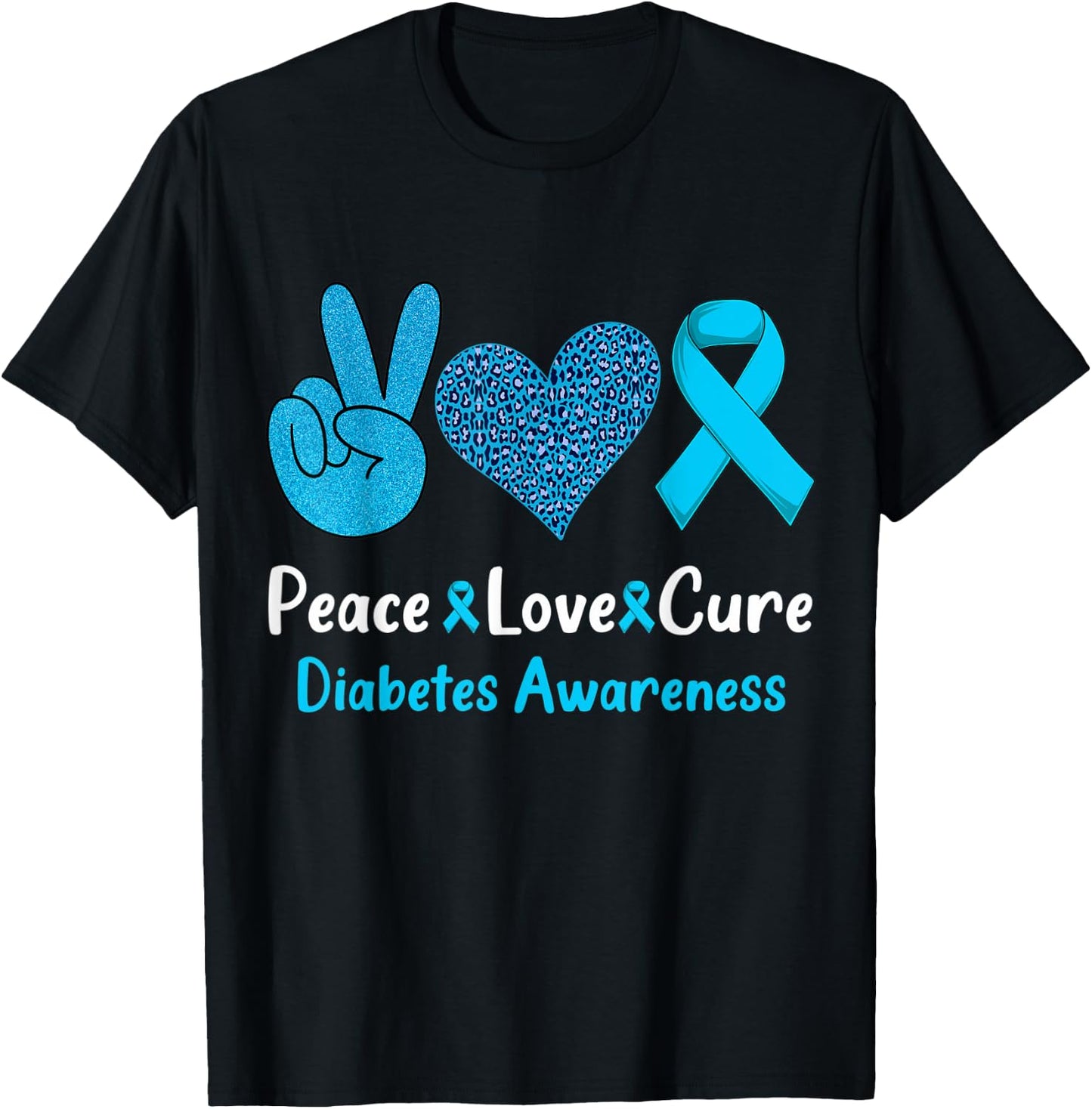 Peace Love Cure Diabetes Awareness Leopard Men Women Kid T1D T-Shirt - T-Shirt | Black