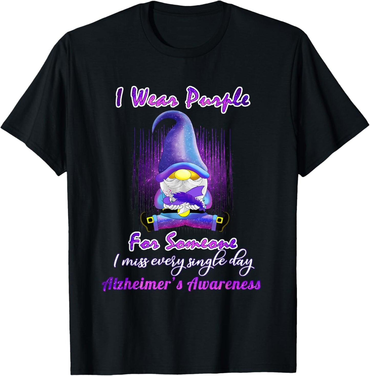 Alzheimer's Awareness Products I Wear Purple Ribbon Gnome T-Shirt - T-Shirt | Black
