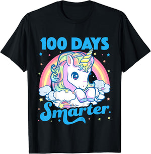 Kids 100 Days Smarter Unicorn Girls Teacher 100th Day of School T-Shirt - T-Shirt | Black