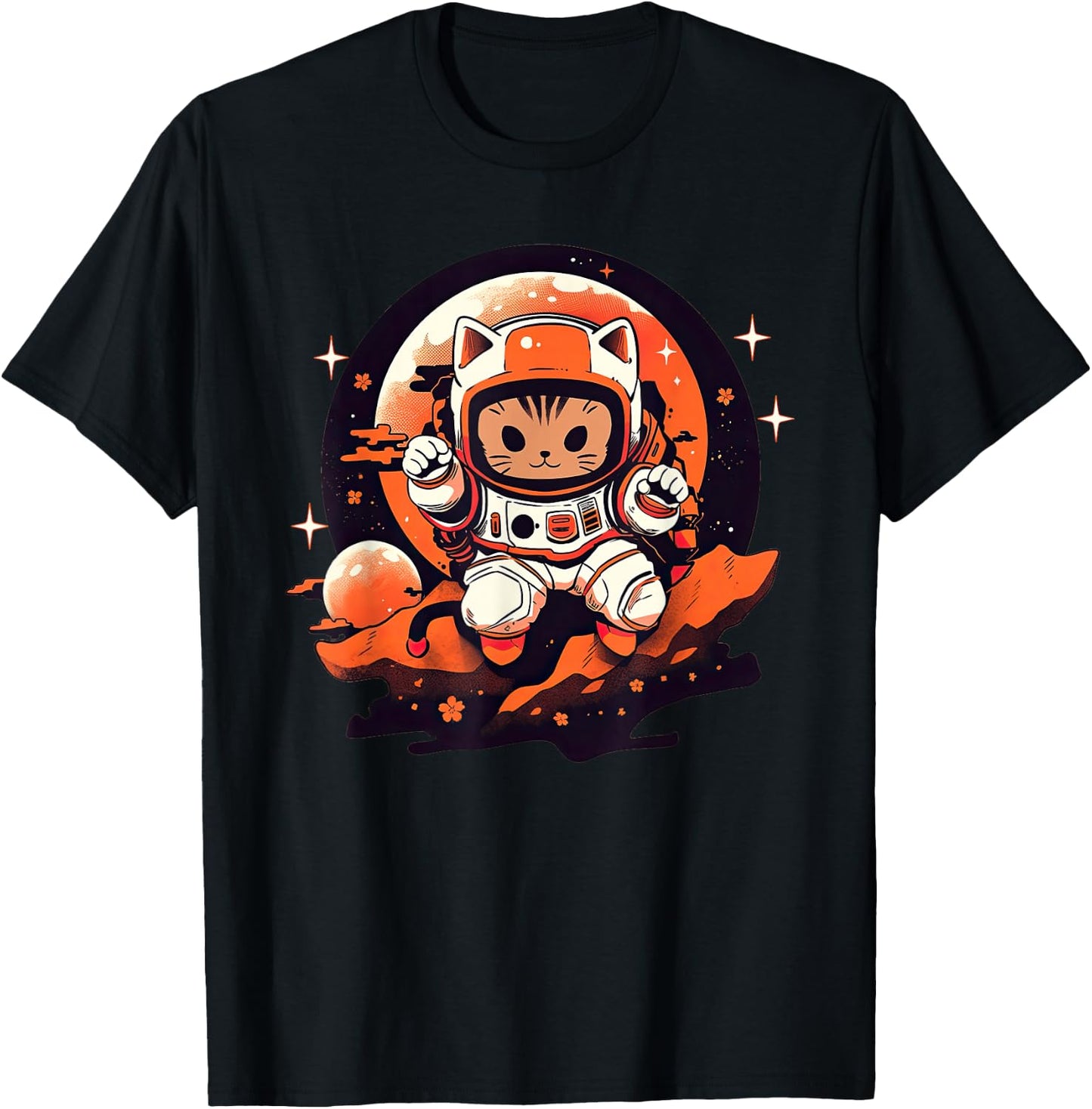 Kawaii Space Cat Retro Astronaut Cute Kitty Neko Cat Stars T-Shirt - T-Shirt | Black