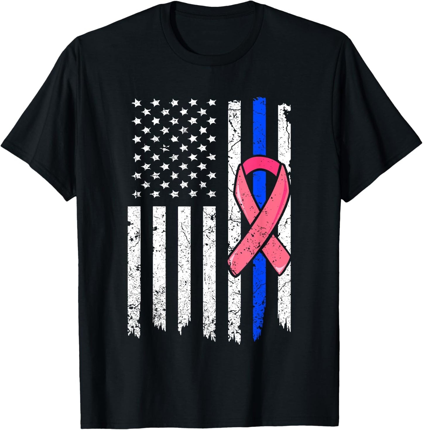 Breast Cancer Police American Flag Shirt Pink Ribbon Fighter T-Shirt - T-Shirt | Black