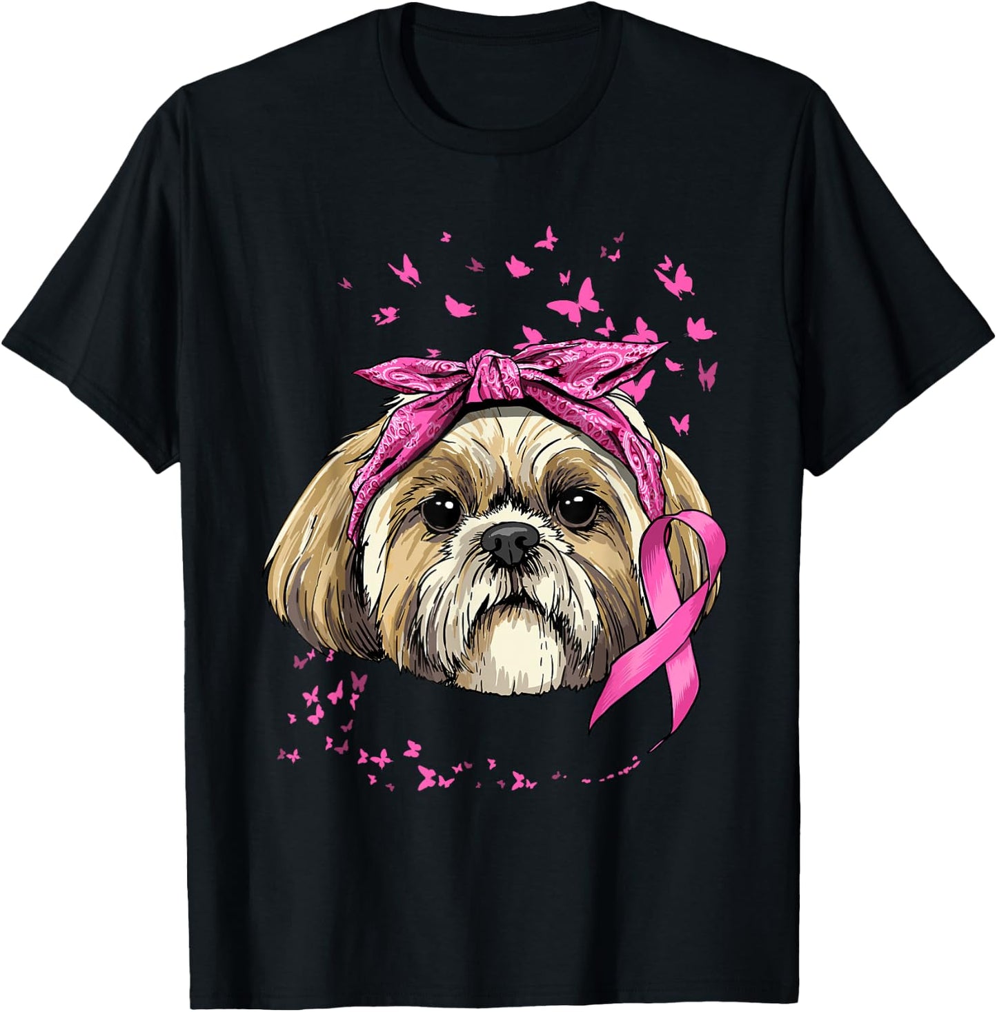Breast Cancer Awareness Shih Tzu Dog Pink Ribbon Survivor T-Shirt - T-Shirt | Black