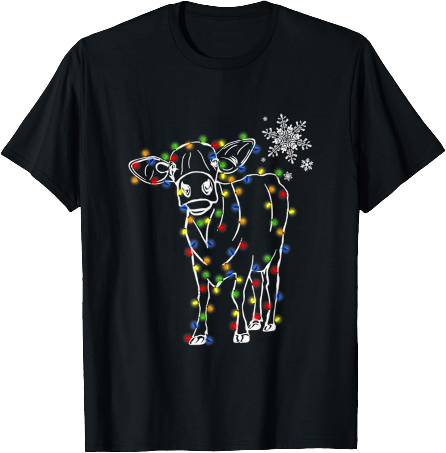 Cow Christmas Light Tree Cow Xmas Snow Lover T-Shirt - T-Shirt | Black