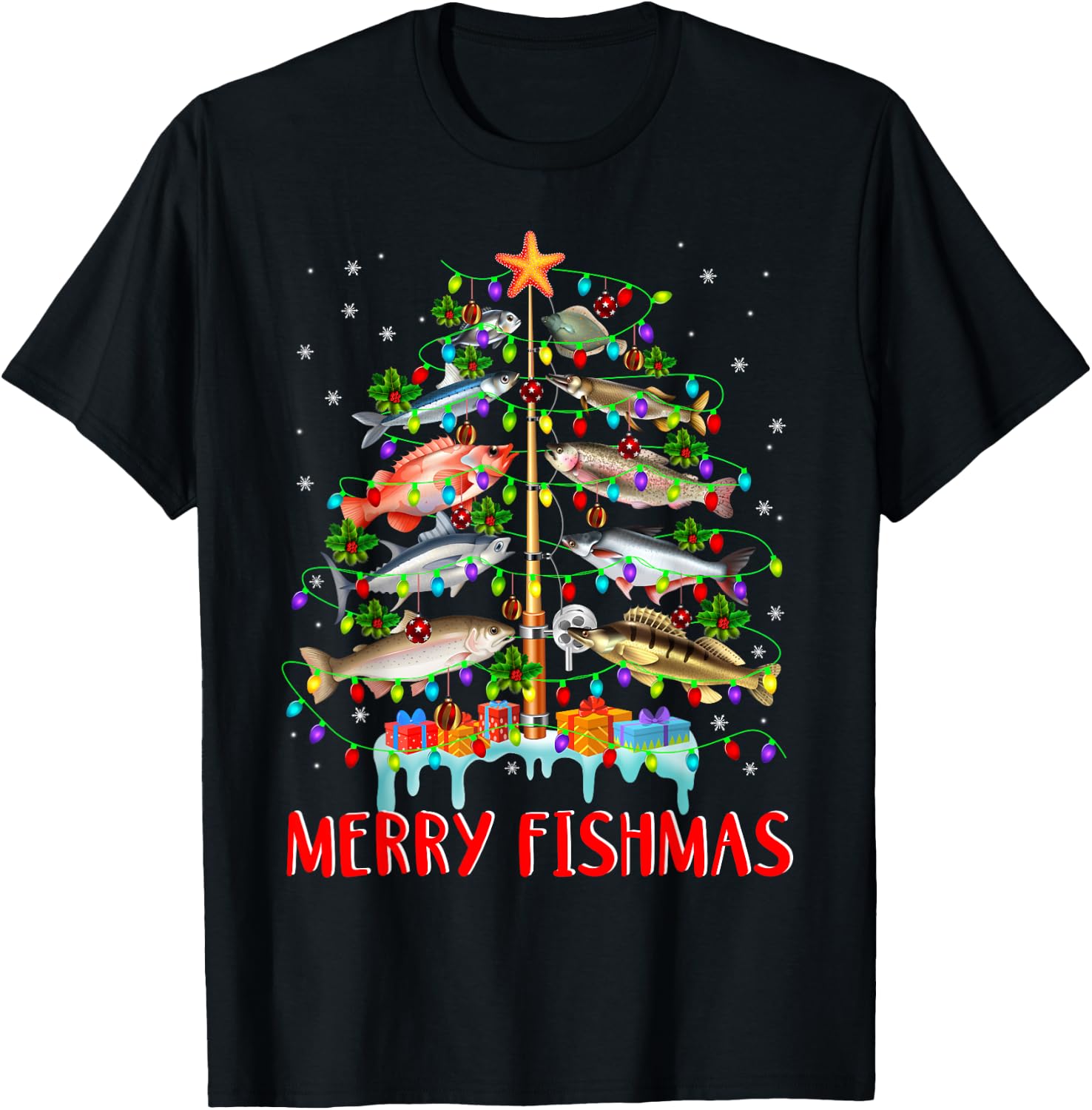 Merry Fishmas Funny Christmas Tree Lights Fish Fishing Rod T-Shirt - T-Shirt | Black