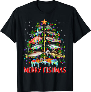 Merry Fishmas Funny Christmas Tree Lights Fish Fishing Rod T-Shirt - T-Shirt | Black