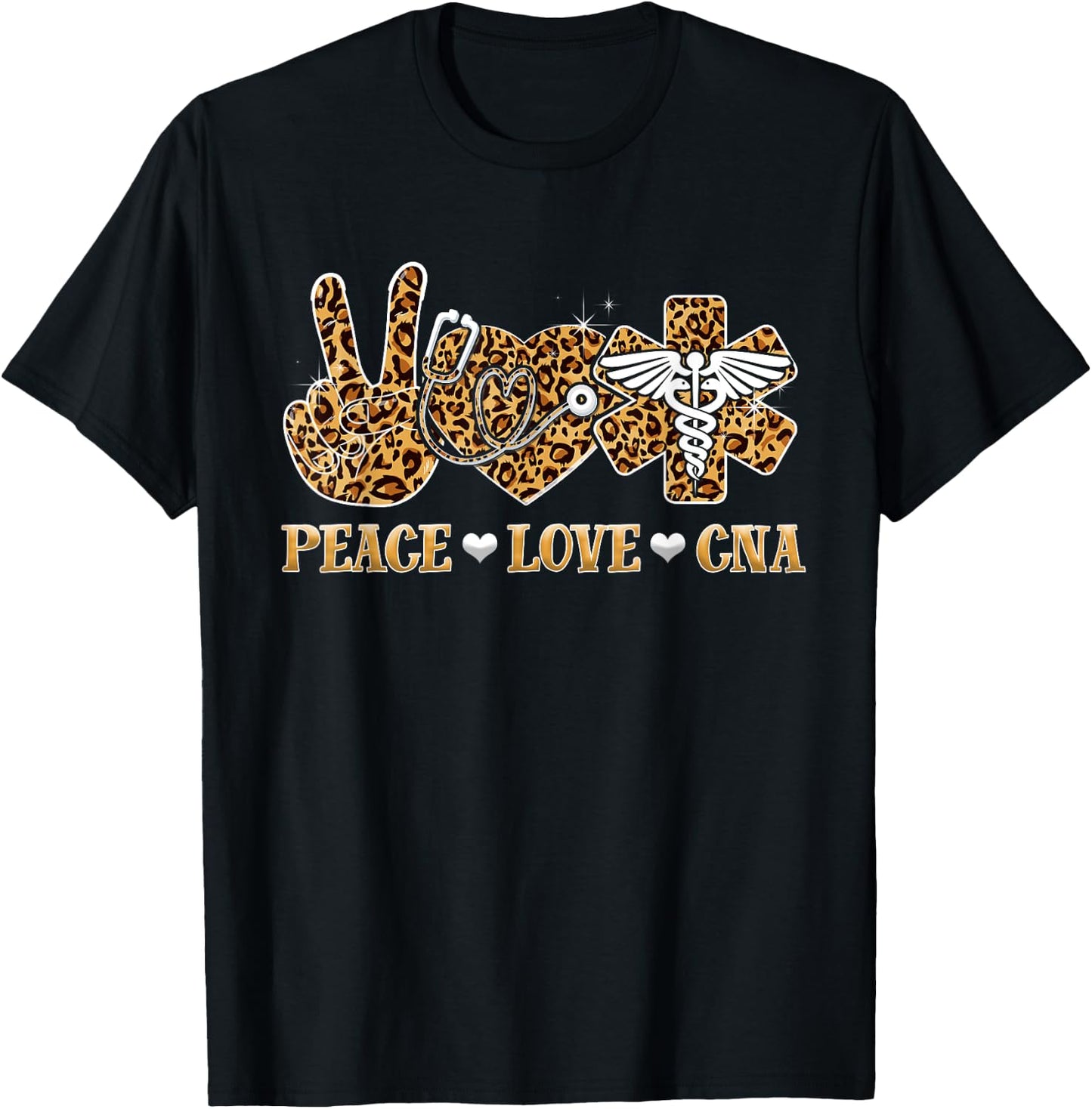 Peace Love Cna Nurse Life Leopard Print Stethoscope Heart T-Shirt - T-Shirt | Black