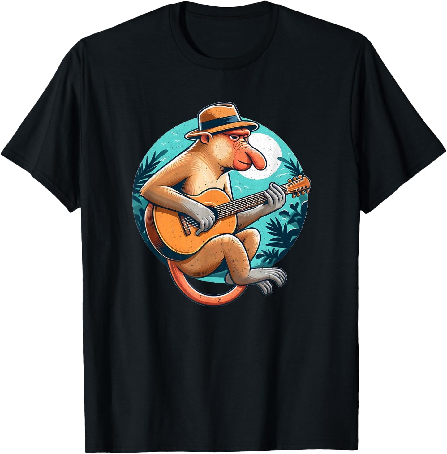 Proboscis Monkey Playing Guitar with Hat T-Shirt - T-Shirt | Black