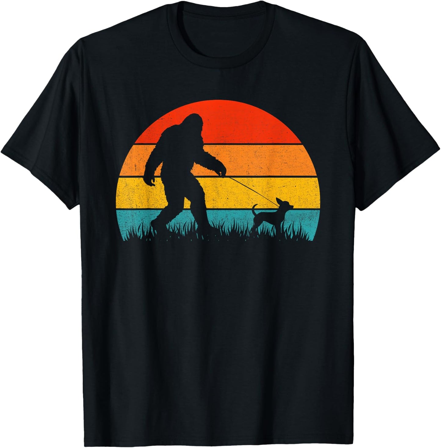 Bigfoot Walking Retro Sunset Off Sasquatch & Chihuahua Dog T-Shirt - T-Shirt | Black