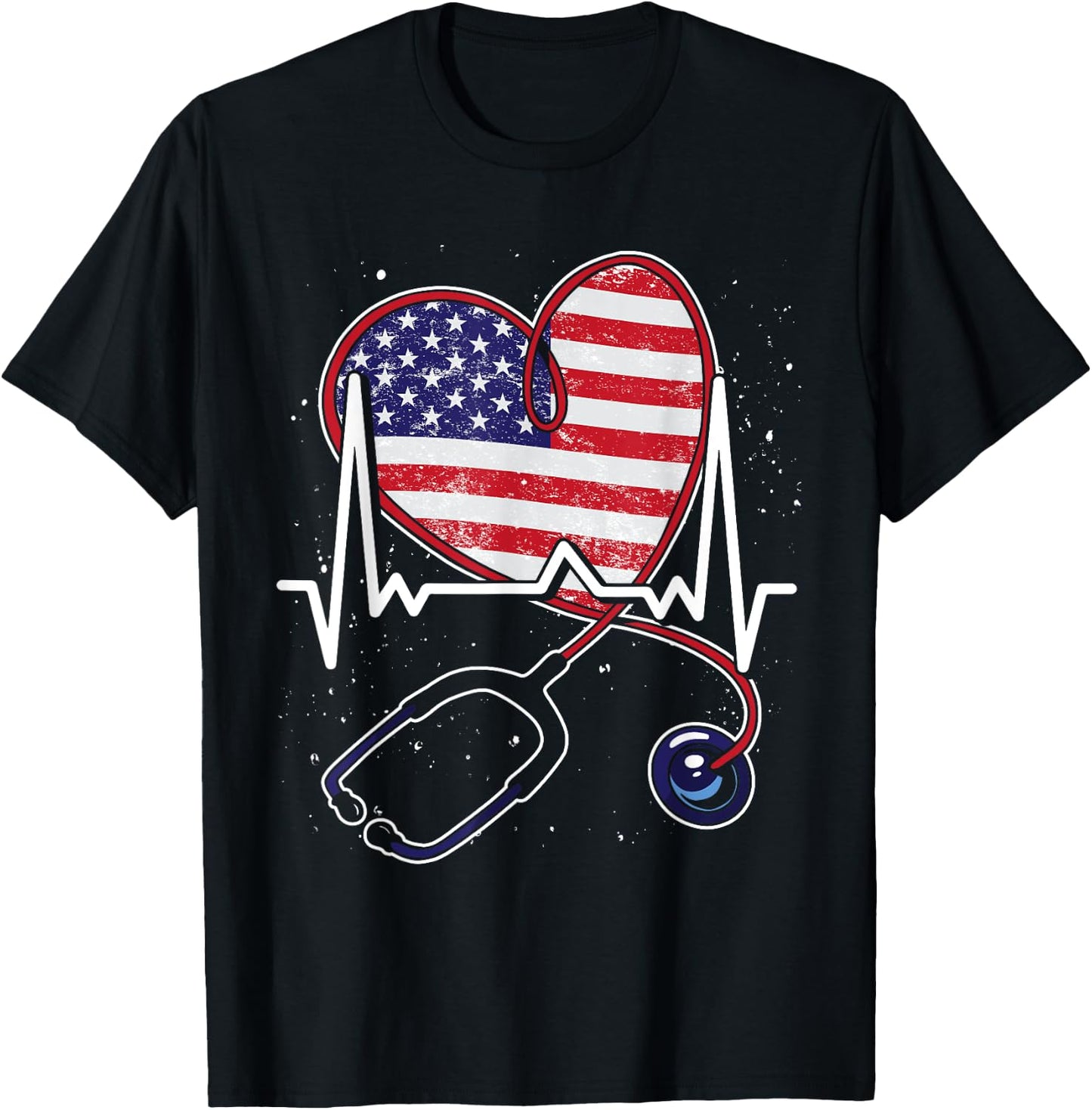 Heart US Flag RN Patriotic LPN Heartbeat Stethoscope Nurse T-Shirt - T-Shirt | Black
