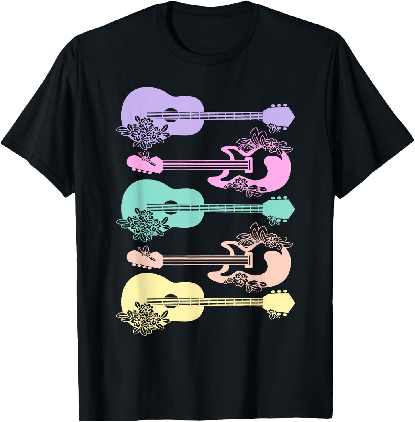 Guitar Lover Girls Pastel Theme Guitars Flowers Music Band T-Shirt - T-Shirt | Black
