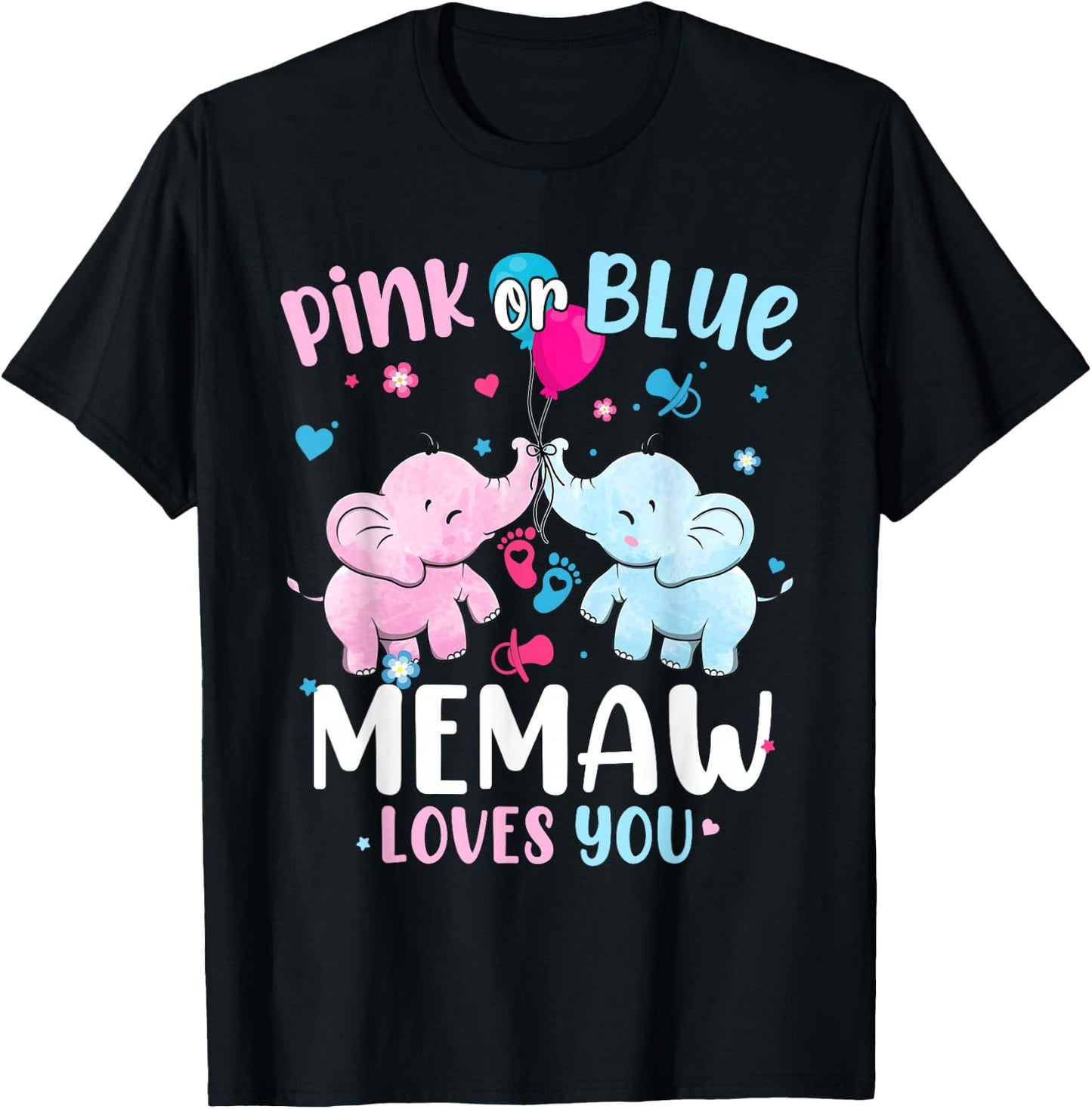 Pink or Blue Memaw Loves You Gender Reveal Elephant Grandma T-Shirt - T-Shirt | Black