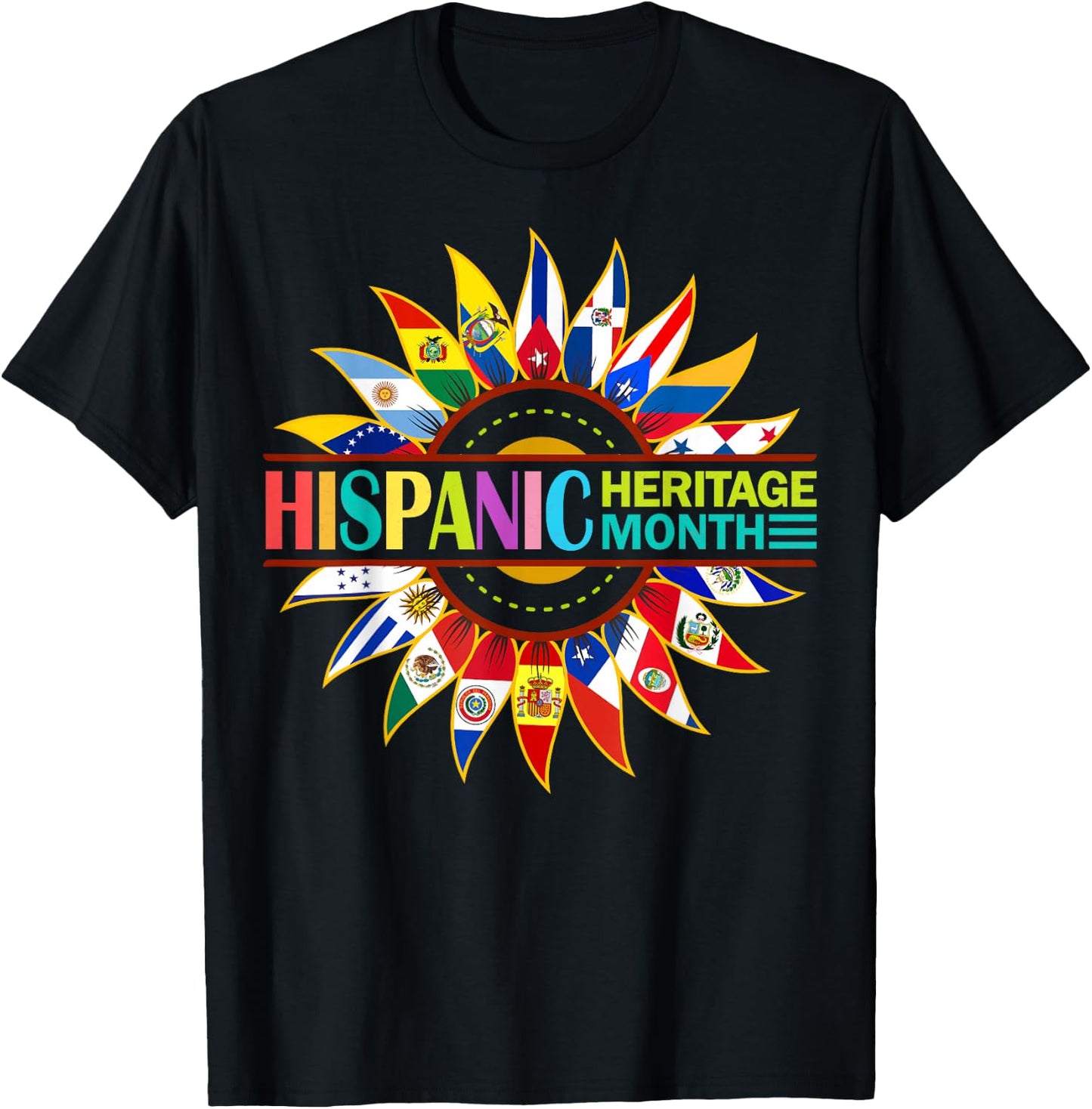Hispanic Heritage Month Latino Countries Flags Sunflower T-Shirt - T-Shirt | Black