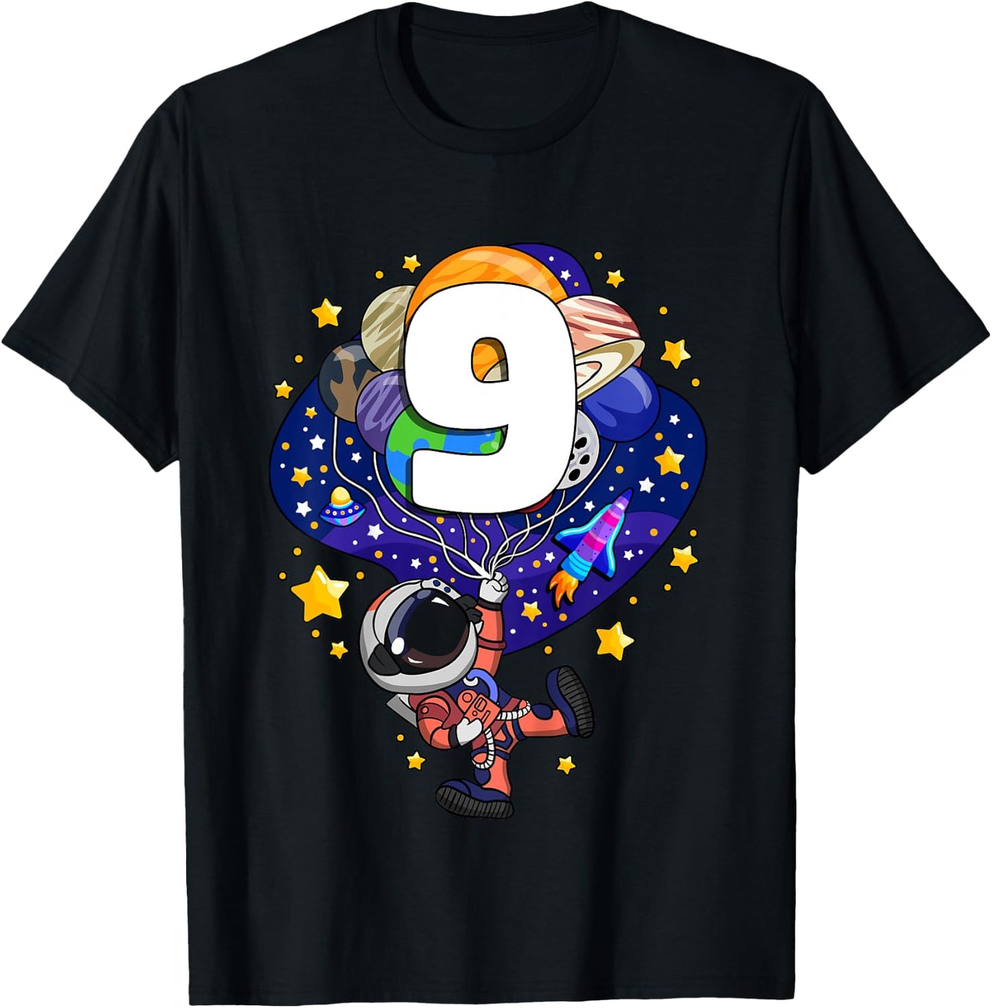Kids Outer Space Astronaut 9th Birthday Boy 9 Year Old T-Shirt - T-Shirt | Black