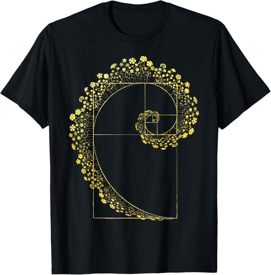 Fibonacci Math Spiral Mean RatioGeometry Flower Phi Ratio T-Shirt - T-Shirt | Black