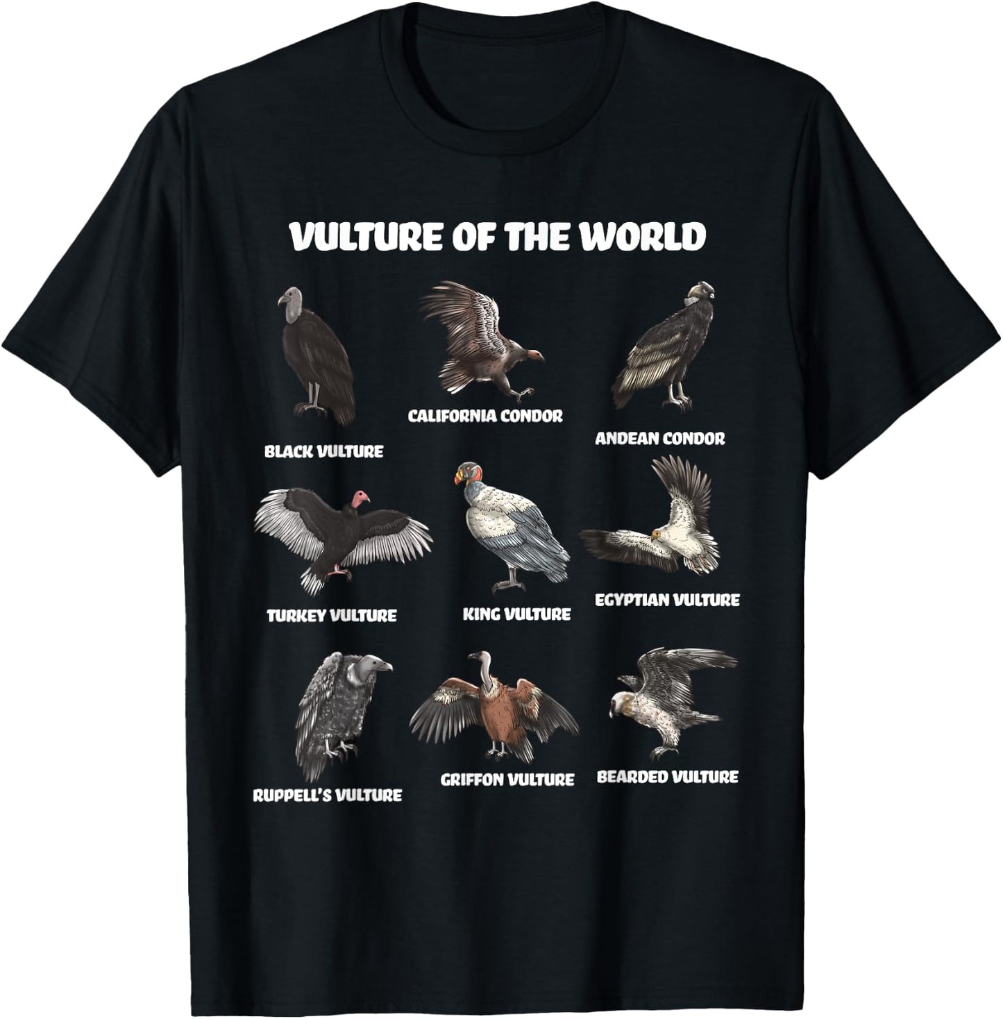 Vultures of the World Eductional Animal Bird T-Shirt - T-Shirt | Black