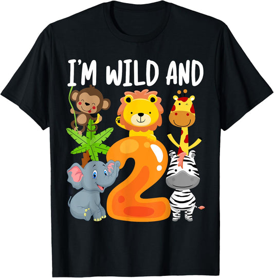 I'm Wild and 2 Two Zoo 2nd Birthday Safari Jungle Animals T-Shirt - T-Shirt | Black