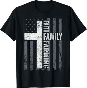 Faith Family Farming Freedom - American Farmer Cross Flag T-Shirt - T-Shirt | Black