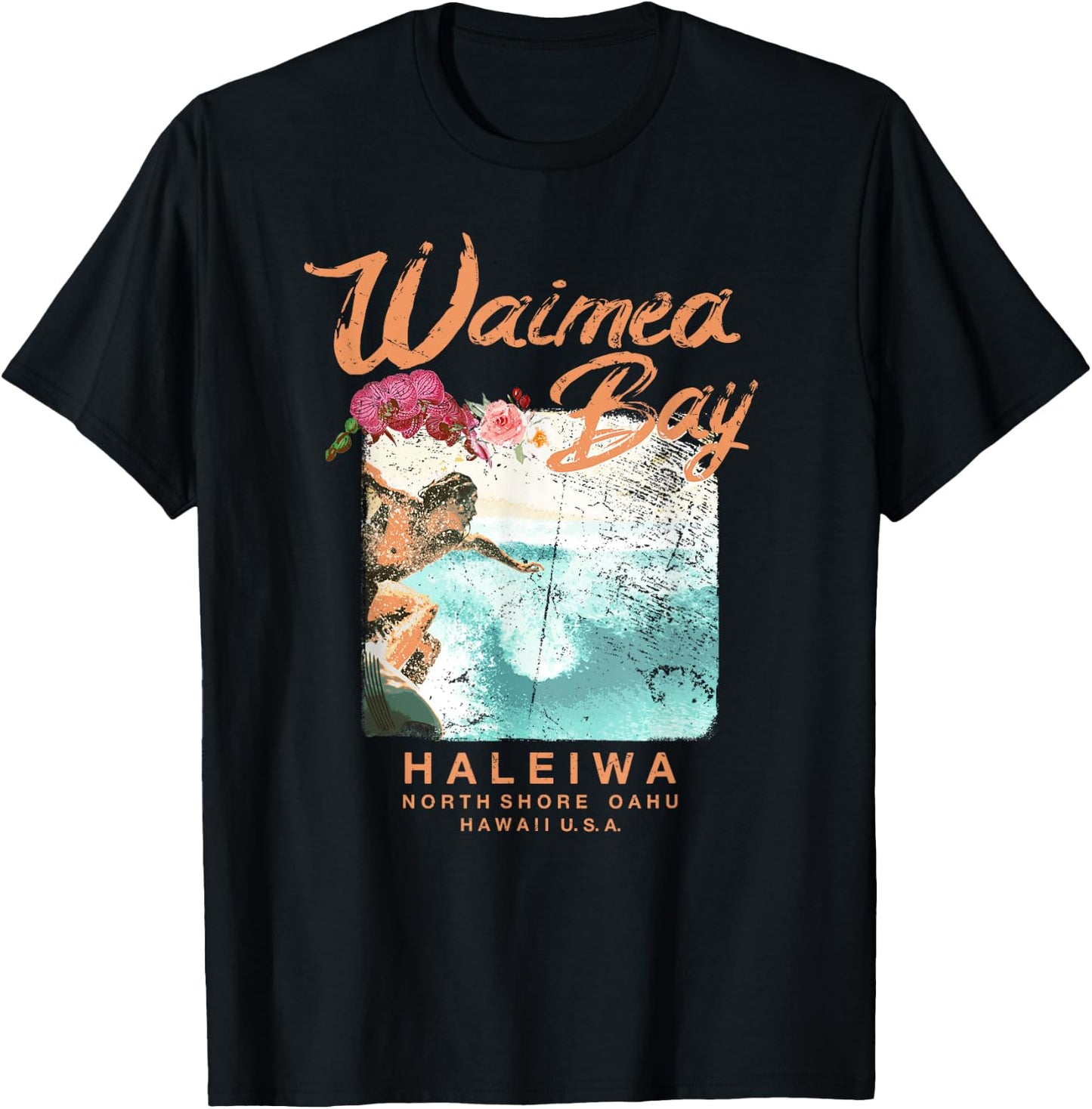 Hawaii Waimea Bay Vintage Hawaiian Surfing T Shirt T-Shirt - T-Shirt | Black