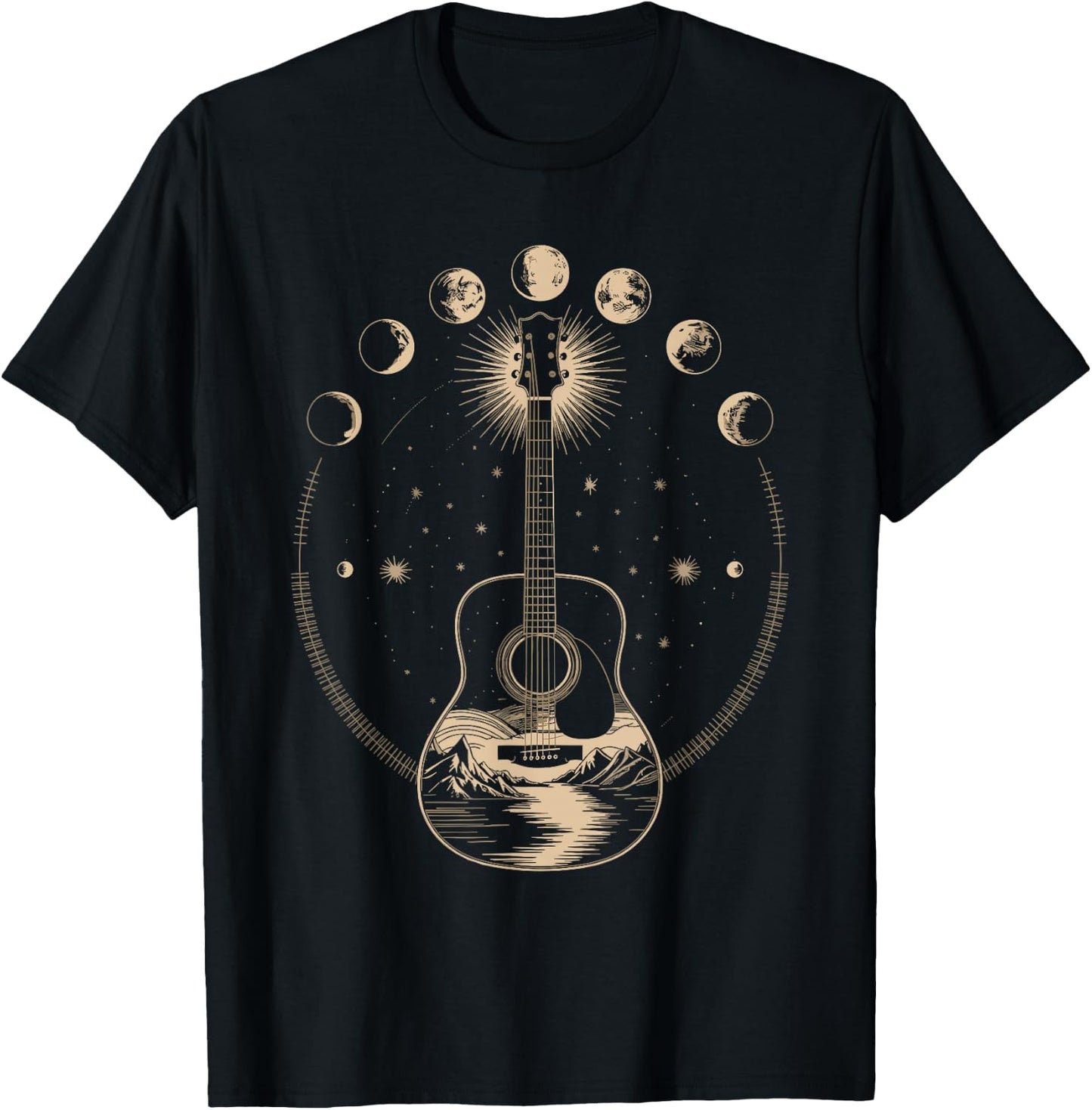 Acoustic Guitar Moon Phases Celestial Music T-Shirt - T-Shirt | Black