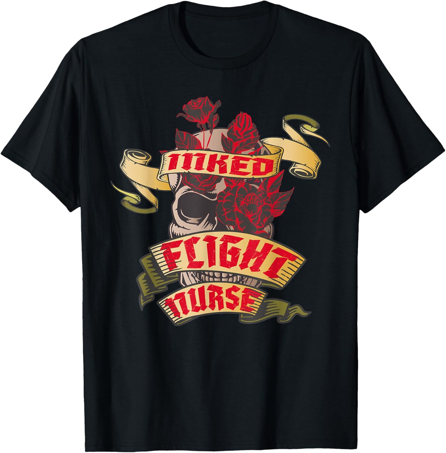 Flight Nurse Inked Skull & Red Roses Tattoo T-Shirt - T-Shirt | Black