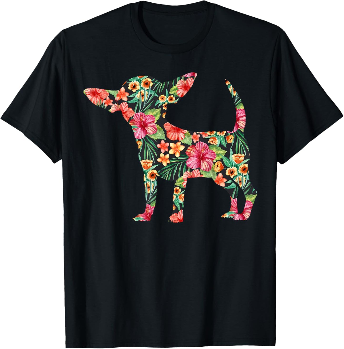 Chihuahua Flower Funny Dog Silhouette Floral Gifts Women Men T-Shirt - T-Shirt | Black