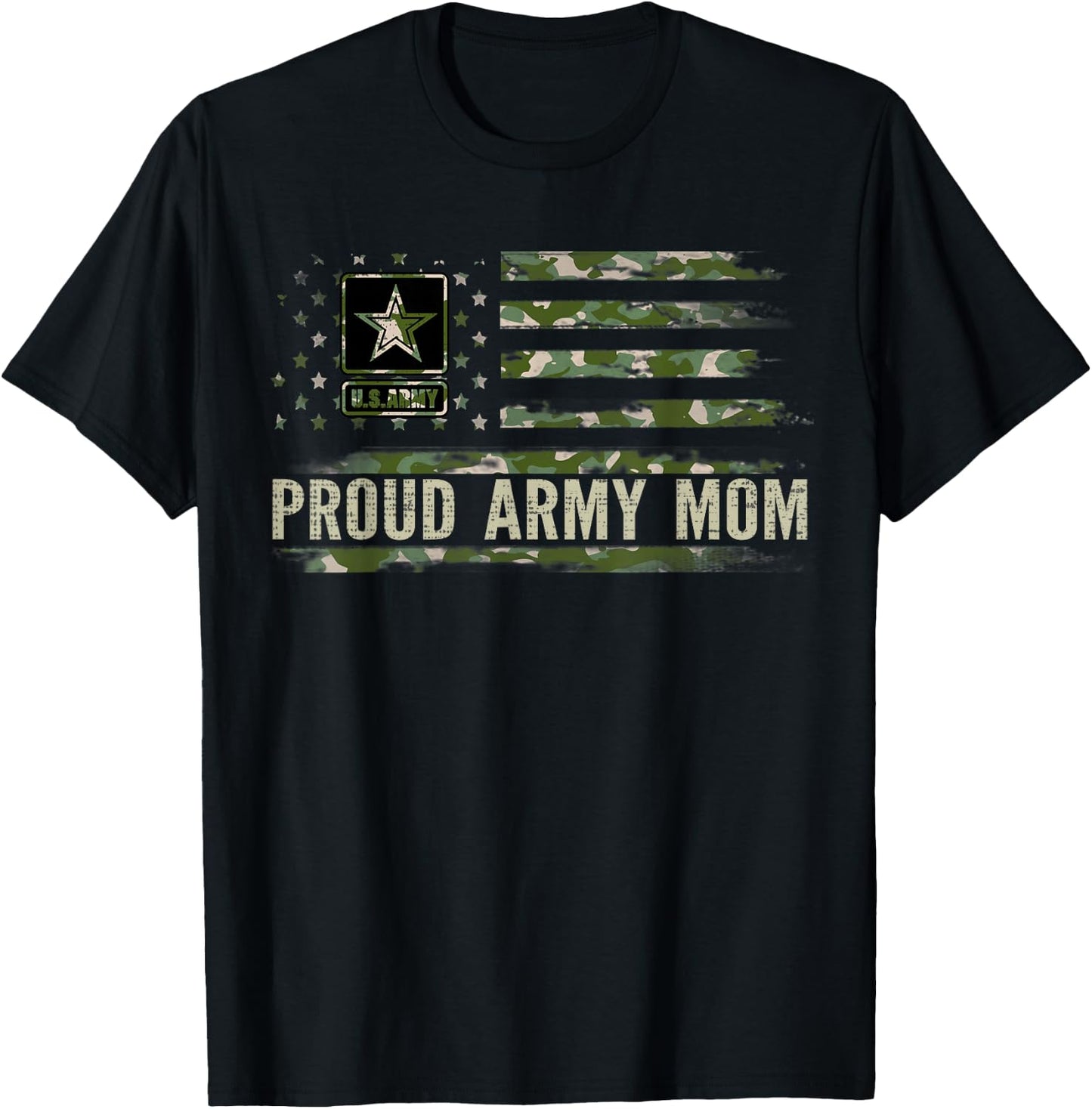 Vintage Proud Army Mom Camo American Flag Veteran Gift T-Shirt - T-Shirt | Black