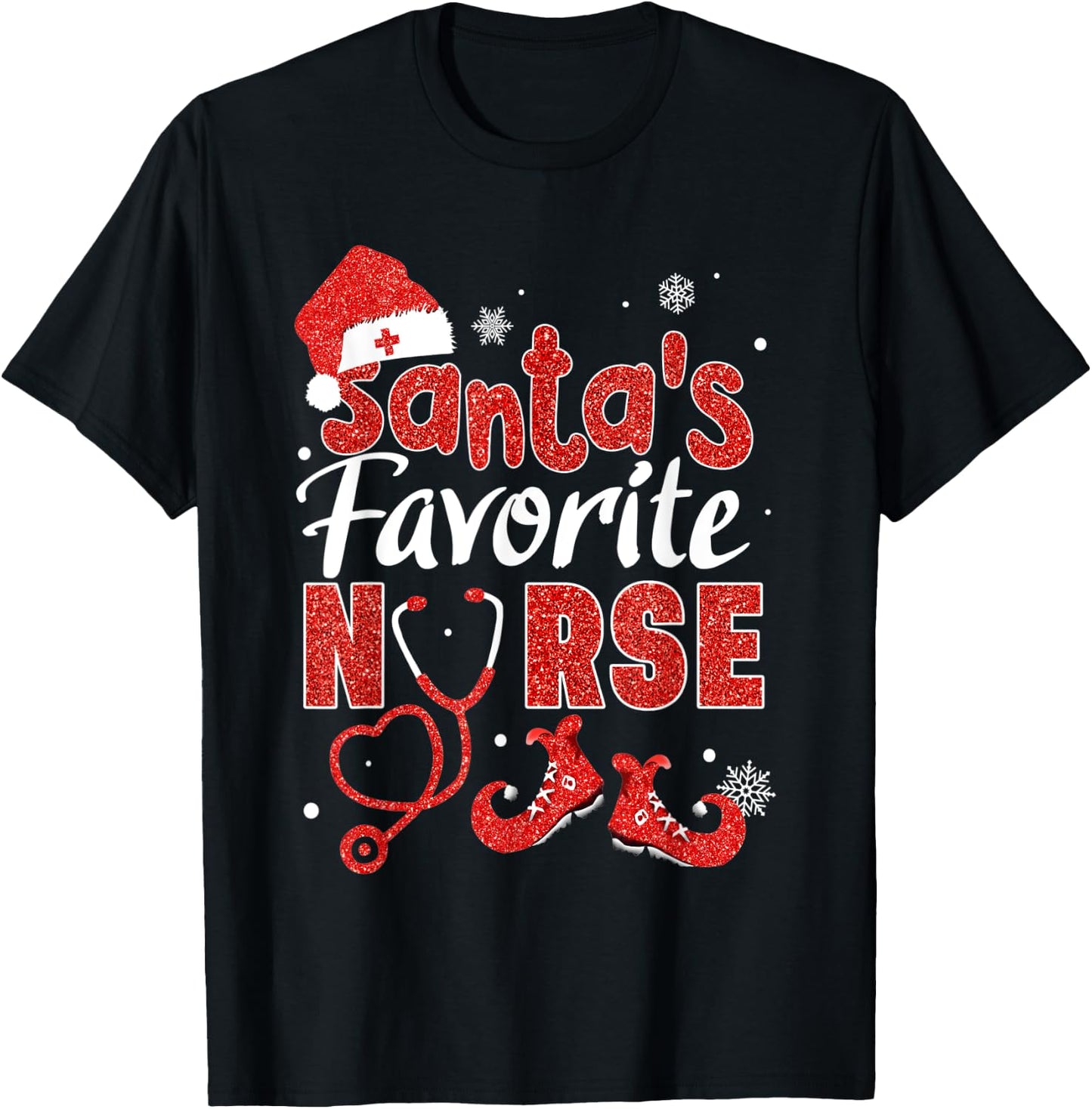 Santa's Favorite Nurse Red Glitter Christmas Pajamas Xmas T-Shirt - T-Shirt | Black