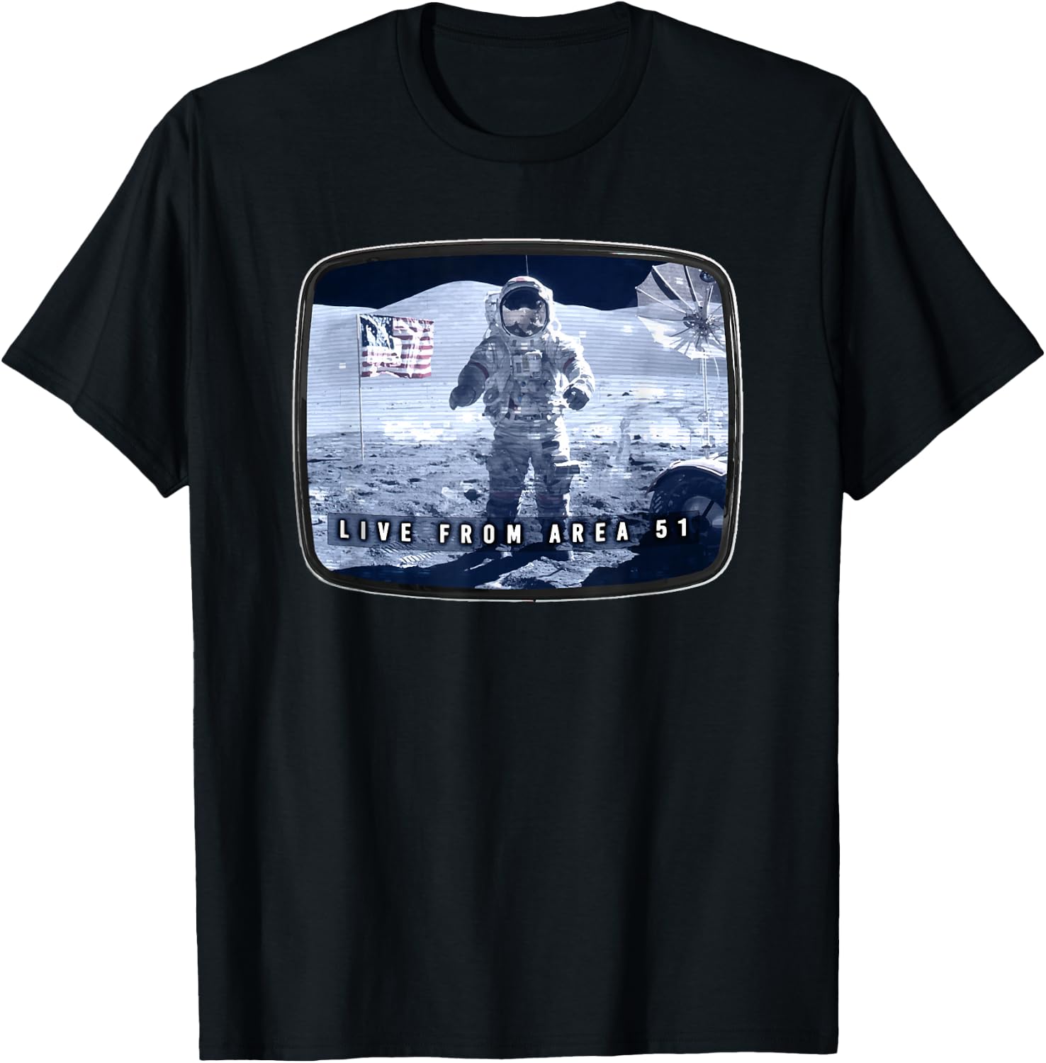 Moon Landing Conspiracy Area 51 Live TV Broadcast Fake Hoax T-Shirt - T-Shirt | Black