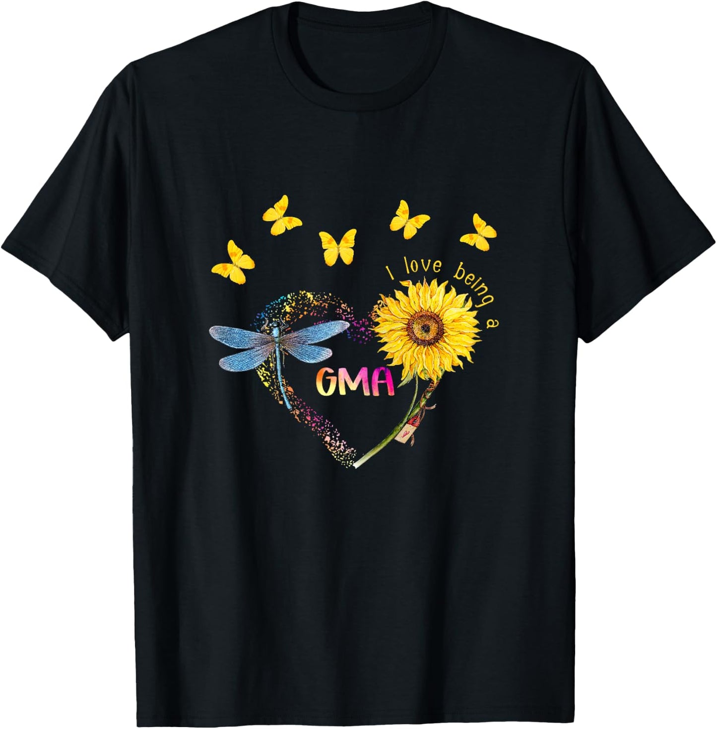 Personalized I Love Being Gma Sunflower Dragonfly T-Shirt - T-Shirt | Black