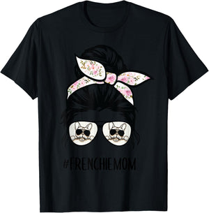 Frenchie Mom messy bun hair glasses T-Shirt - T-Shirt | Black