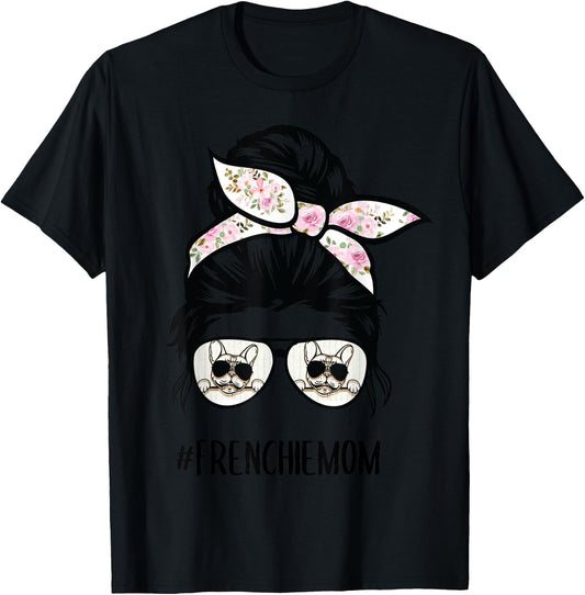 Frenchie Mom messy bun hair glasses T-Shirt - T-Shirt | Black