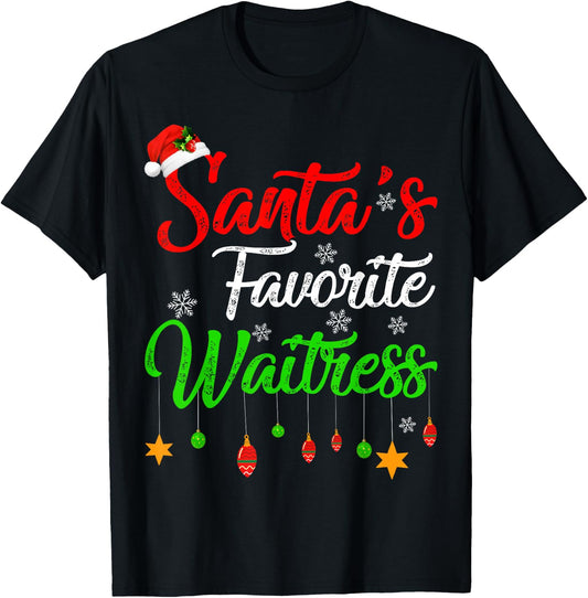Funny Xmas Santa's Favorite Waitress Christmas T-Shirt - T-Shirt | Black