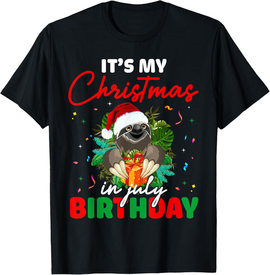 It's My Christmas In July Birthday Cute Sloth Santa Hat T-Shirt - T-Shirt | Black