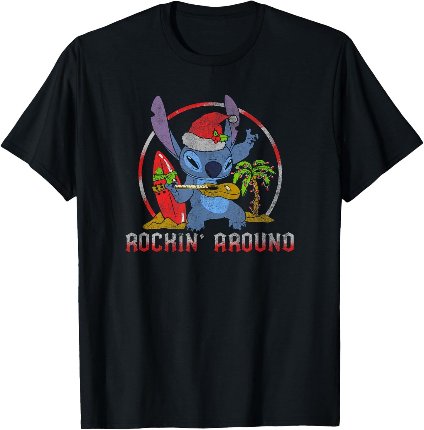 Disney Lilo & Stitch Christmas Rockin' Around Music T-Shirt - T-Shirt | Black