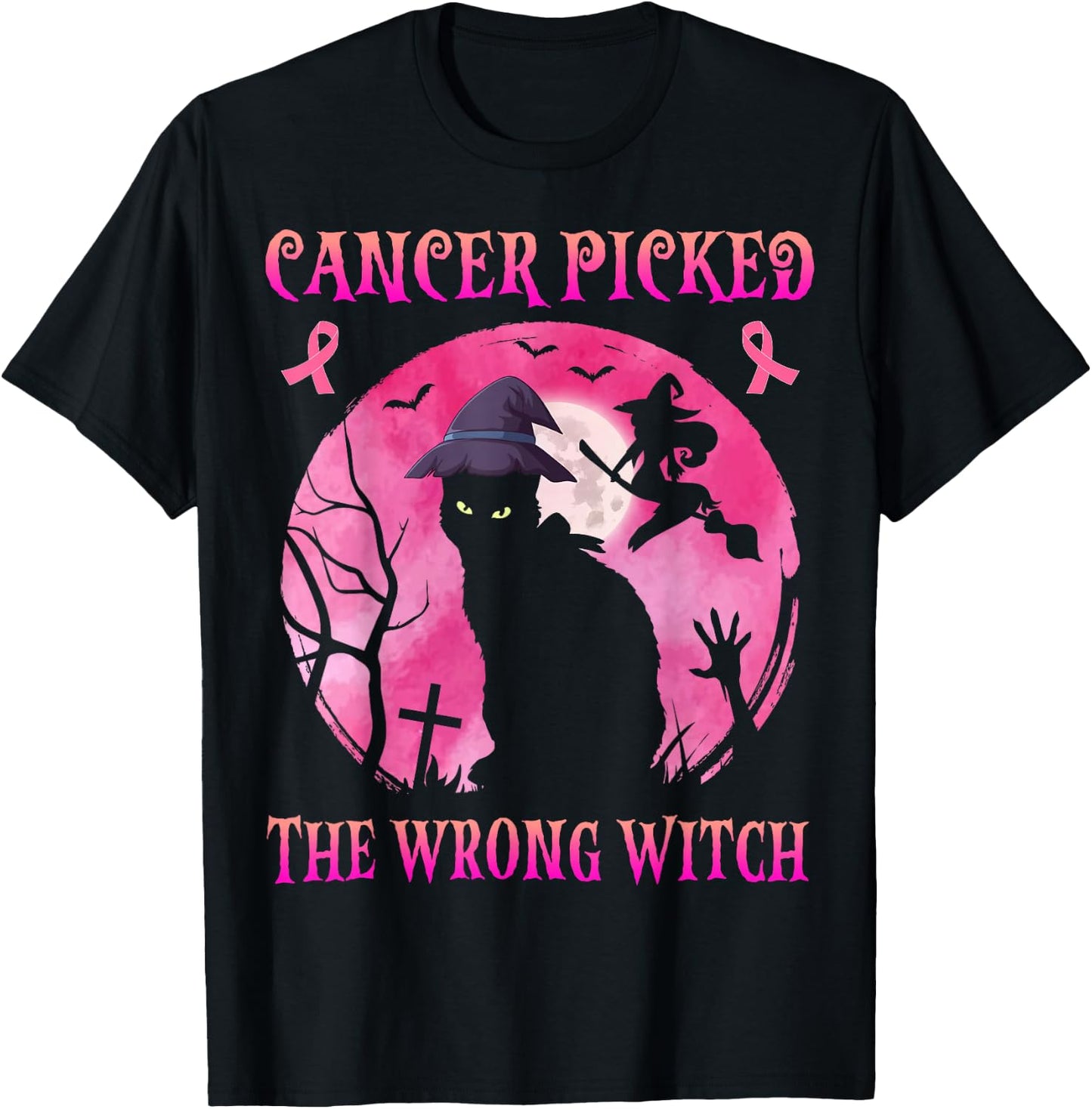 Cancer Picked The Wrong Witch Breast Cancer Halloween Cat T-Shirt - T-Shirt | Black