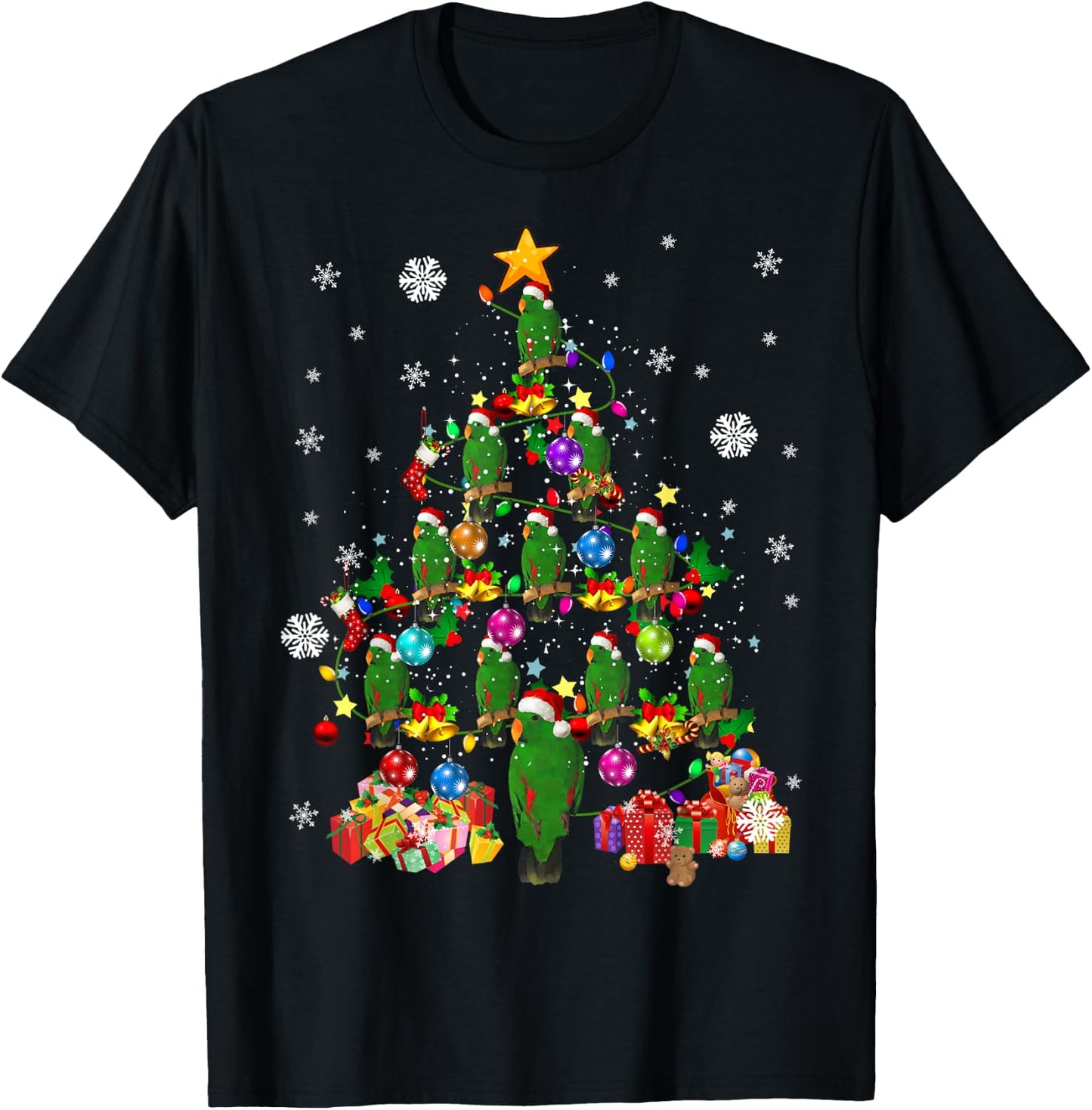 Santa Eclectus Birds Christmas Tree Lights Santa Parrots T-Shirt - T-Shirt | Black