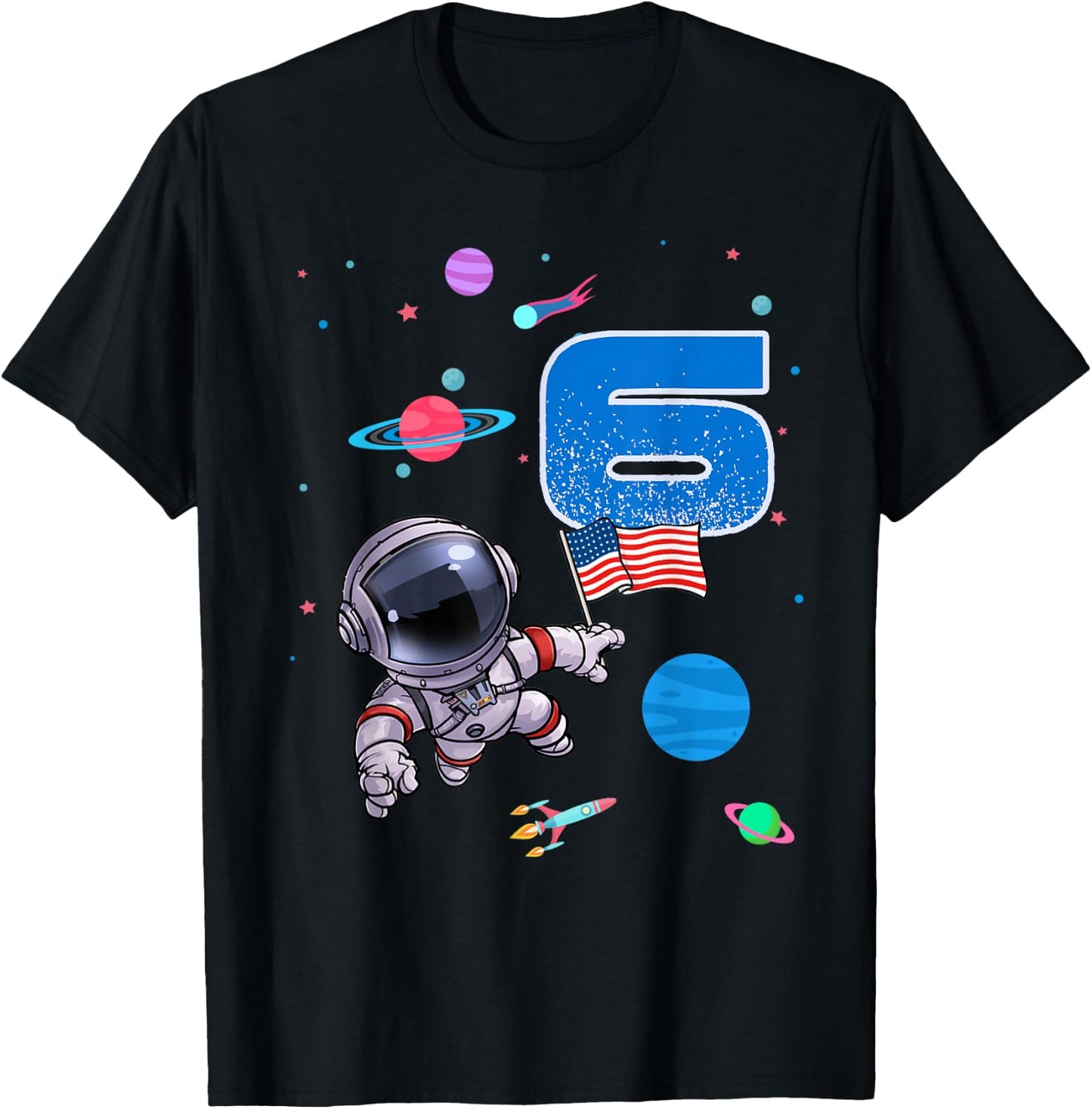 Astronaut 6th birthday 6 Years Old Birthday Boy Space T-Shirt - T-Shirt | Black