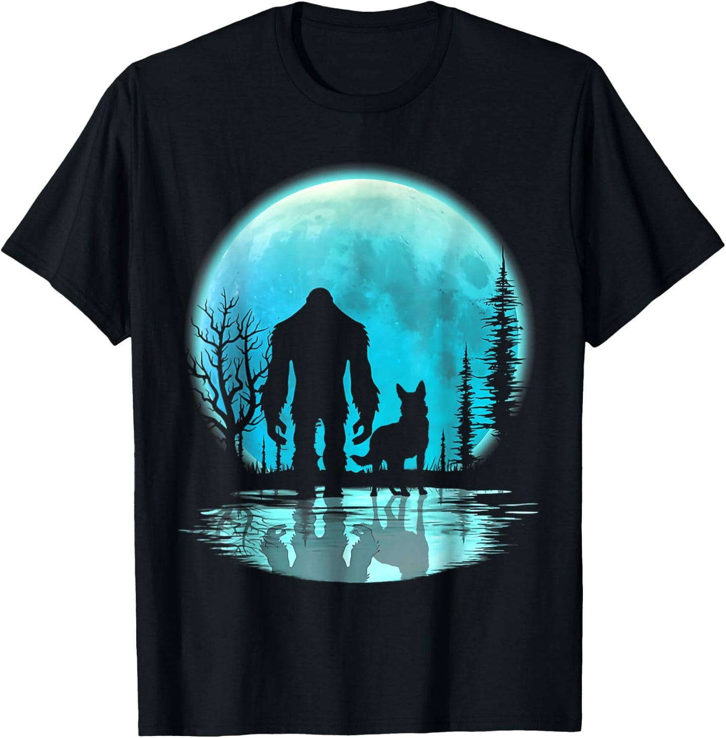 Bigfoot German Shepherd Dog Walk Moon and Darkness T-Shirt - T-Shirt | Black
