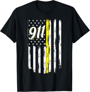 911 Dispatcher Thin Yellow Line Police USA Flag T-Shirt - T-Shirt | Black