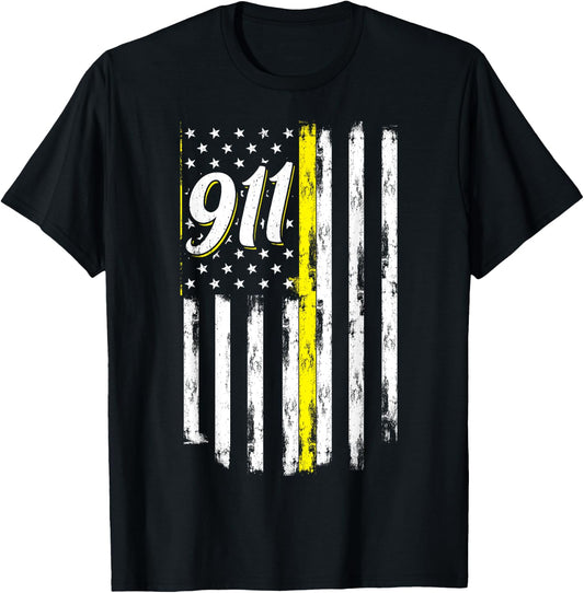 911 Dispatcher Thin Yellow Line Police USA Flag T-Shirt - T-Shirt | Black