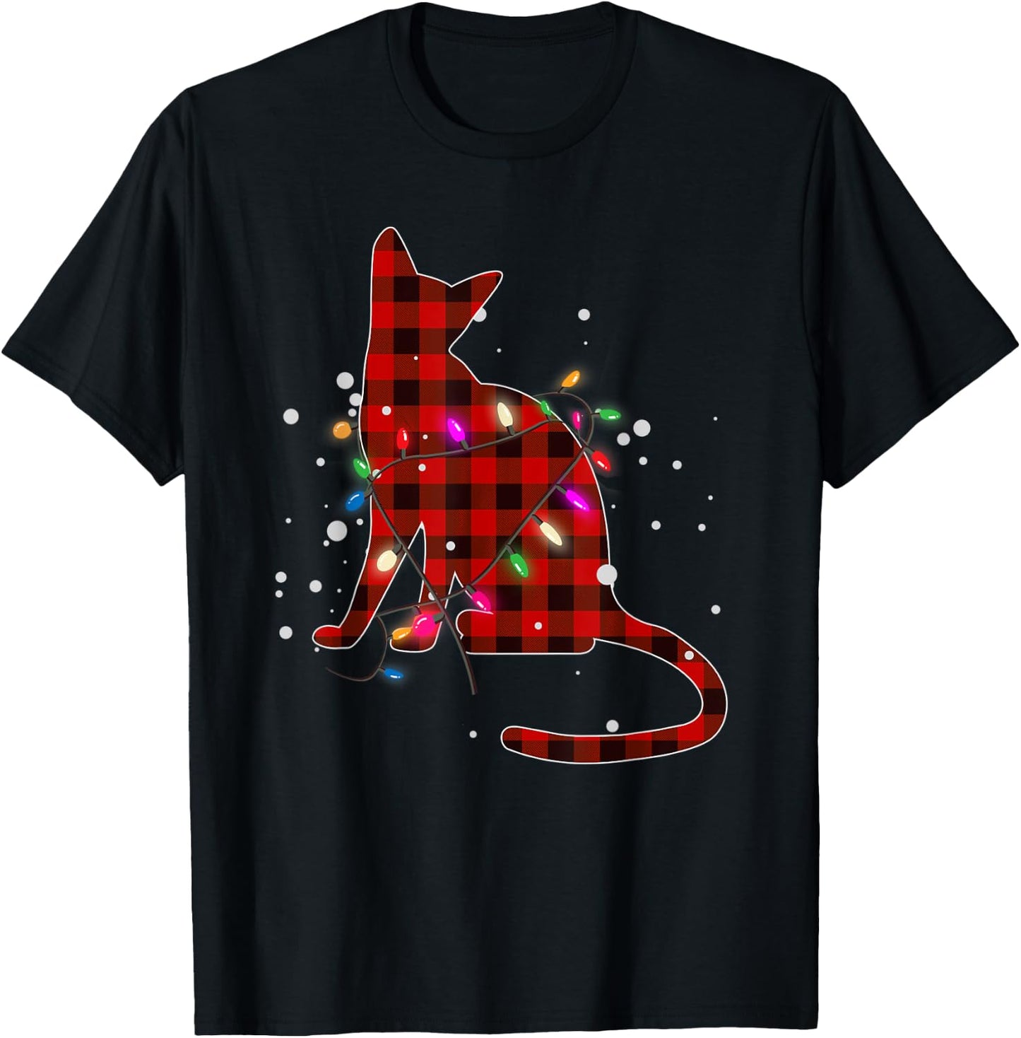 Red Buffalo Plaid Cat Christmas Pajamas Xmas Tree Lights Women Kids T-Shirt - T-Shirt | Black