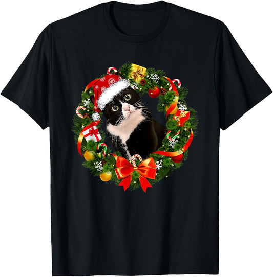 Funny Tuxedo Cat Christmas Wreath Ornament T-Shirt - T-Shirt | Black