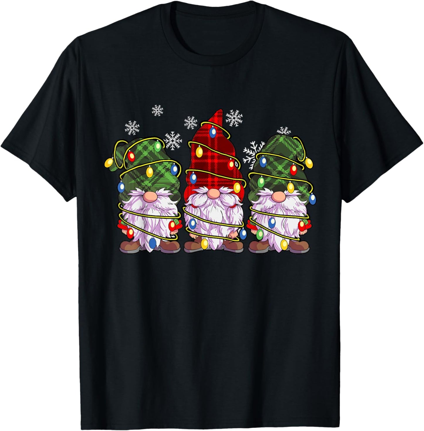 Three Gnomes Men Women Buffalo Plaid Red Christmas T-Shirt - T-Shirt | Black