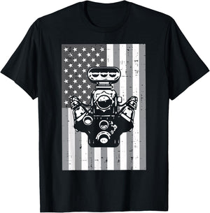 Car Engine American Flag Auto Mechanic Garage Patriotic Men T-Shirt - T-Shirt | Black