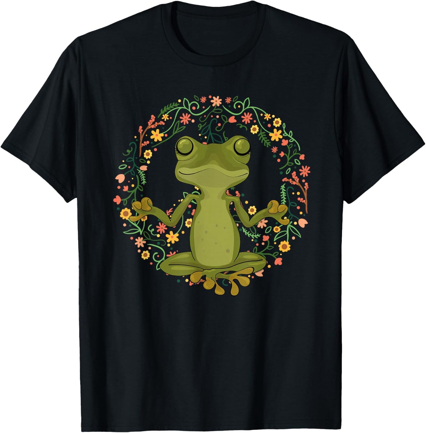 Peace Sign Yoga Frogs Cool Peace Frog Floral T-Shirt - T-Shirt | Black