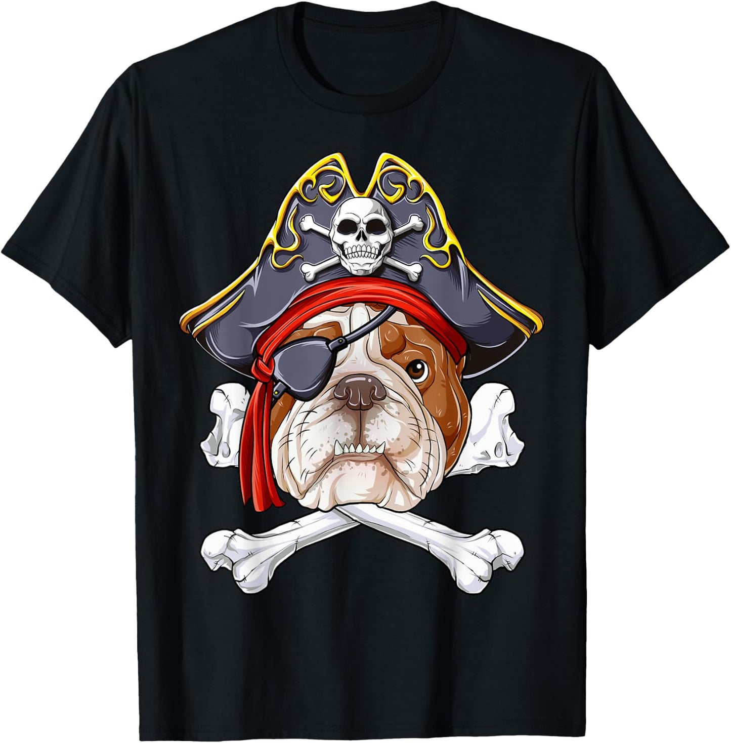 English Bulldog Pirate Jolly Roger Flag Skull Crossbones T-Shirt - T-Shirt | Black