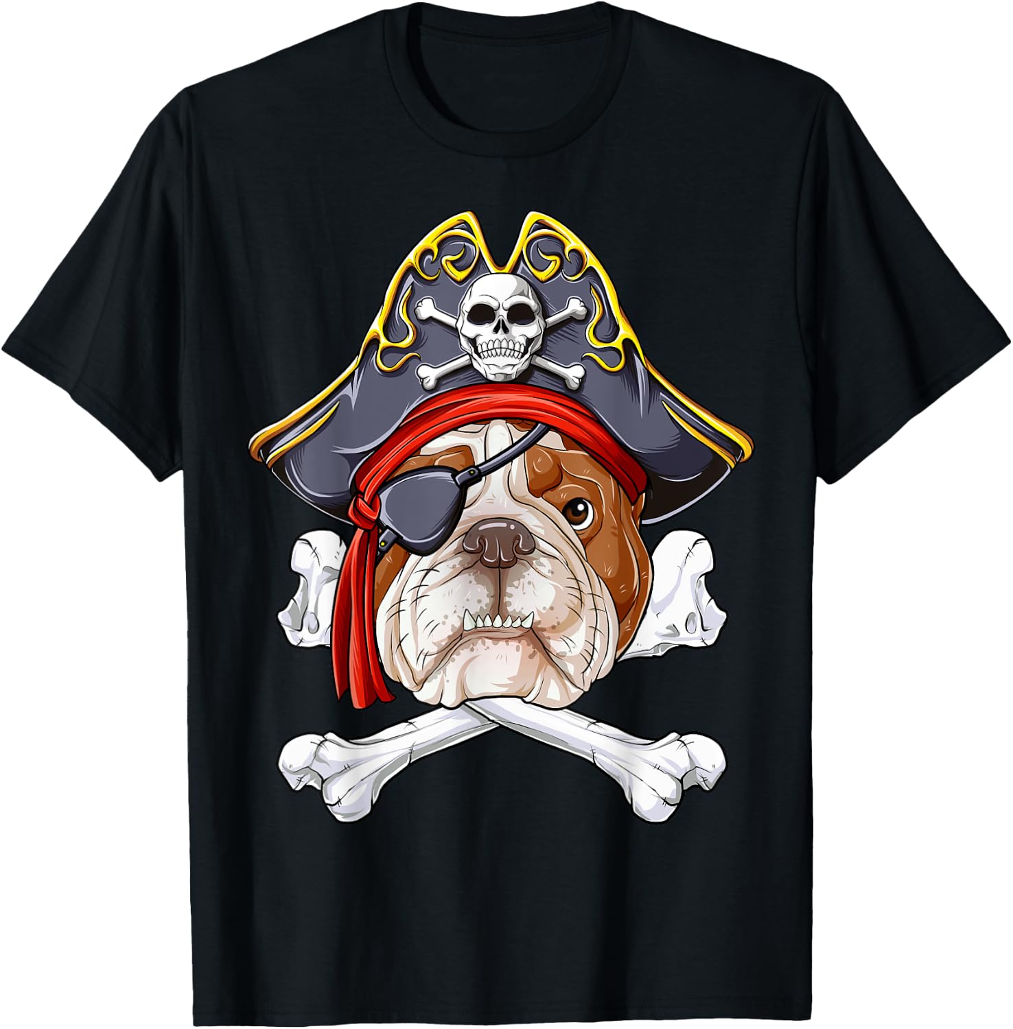 English Bulldog Pirate Jolly Roger Flag Skull Crossbones T-Shirt - T-Shirt | Black