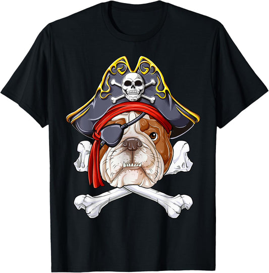 English Bulldog Pirate Jolly Roger Flag Skull Crossbones T-Shirt - T-Shirt | Black